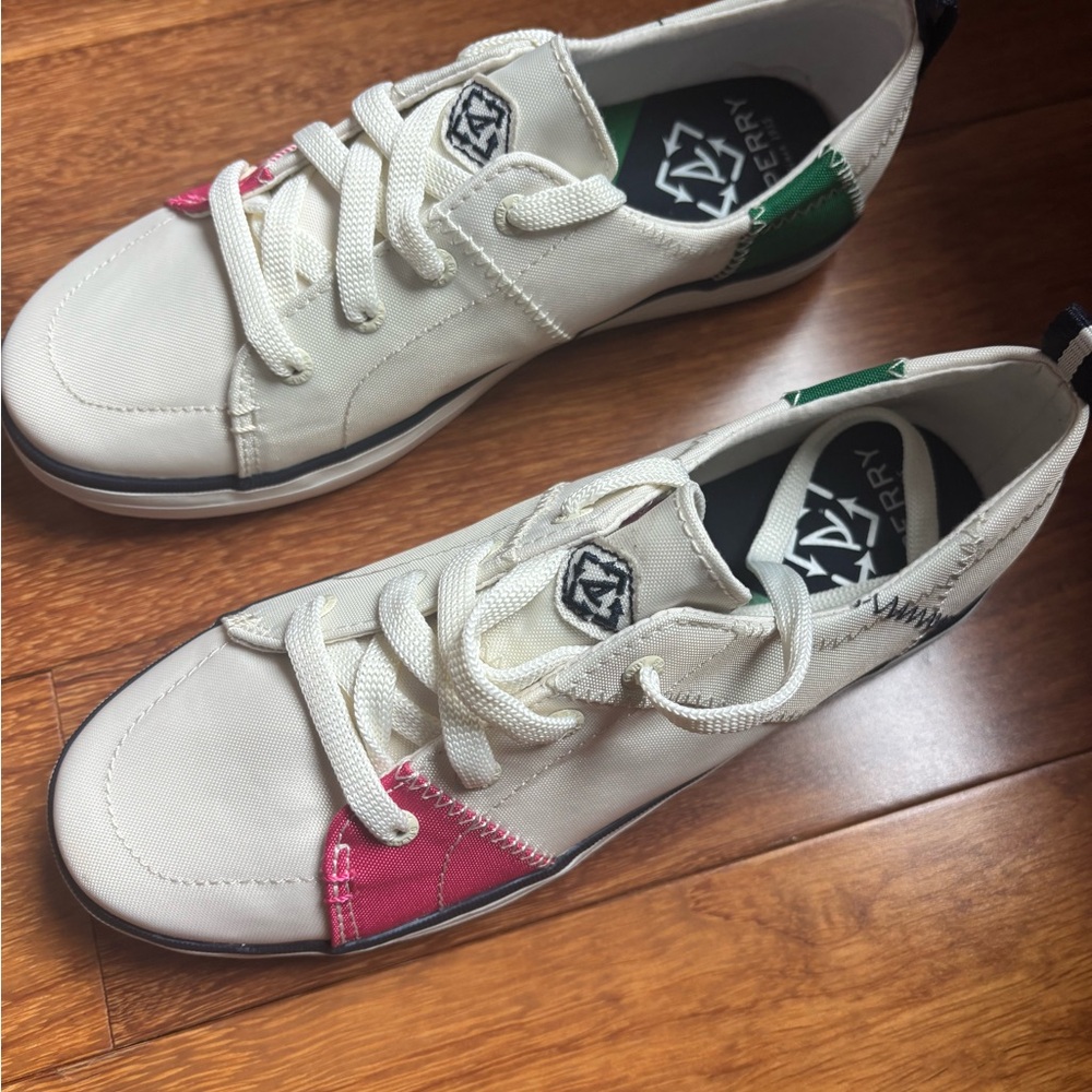 Sperry Kids White Sneakers with Pink and Green Accents